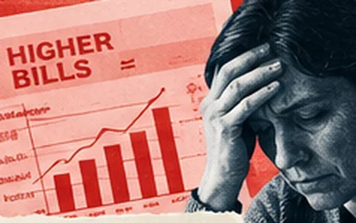 Editorial illustration of a rising utility-bill chart beside a worried resident