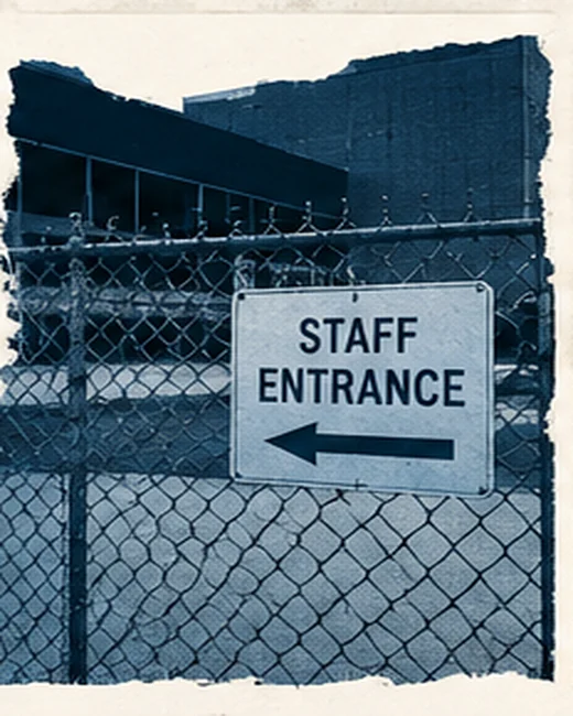 Editorial illustration of fenced industrial data-center buildings