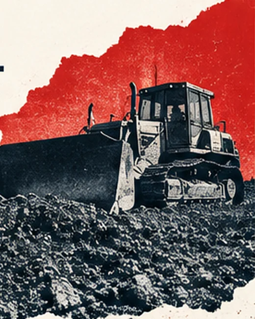 Editorial illustration of a bulldozer grading a large construction site