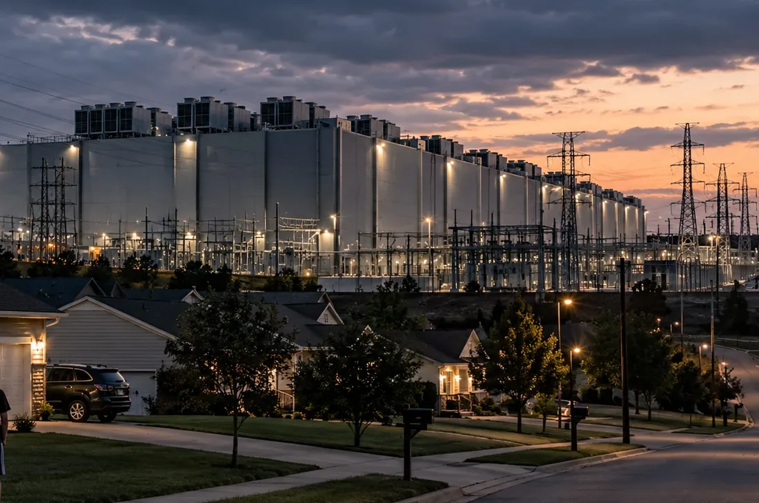 Conceptual illustration of a data center campus rising behind a row of houses at dusk