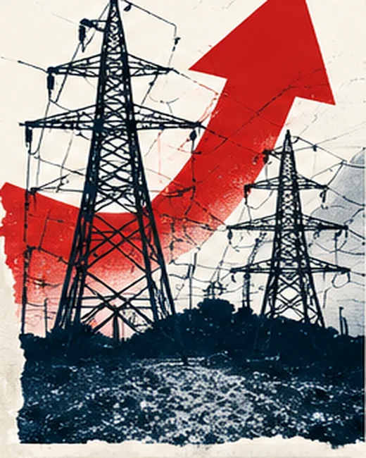 Editorial illustration of electrical transmission towers near an industrial campus