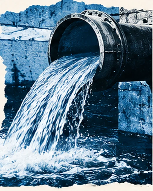Editorial illustration of an industrial water discharge channel